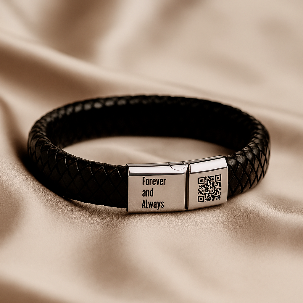 Personalized Men's Leather Bracelet with Engraved Text & QR Code