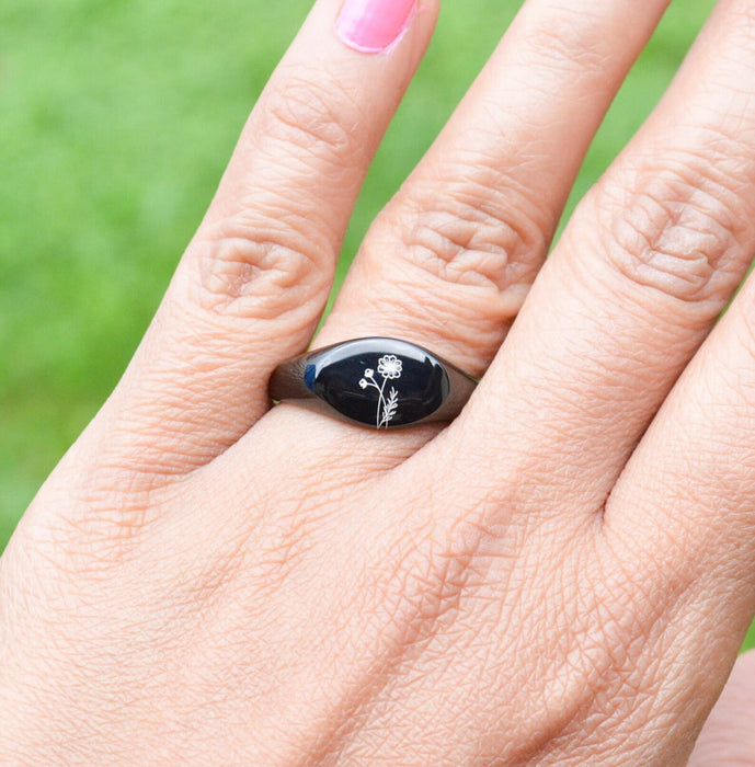 Personalised Black Birthflower Ring