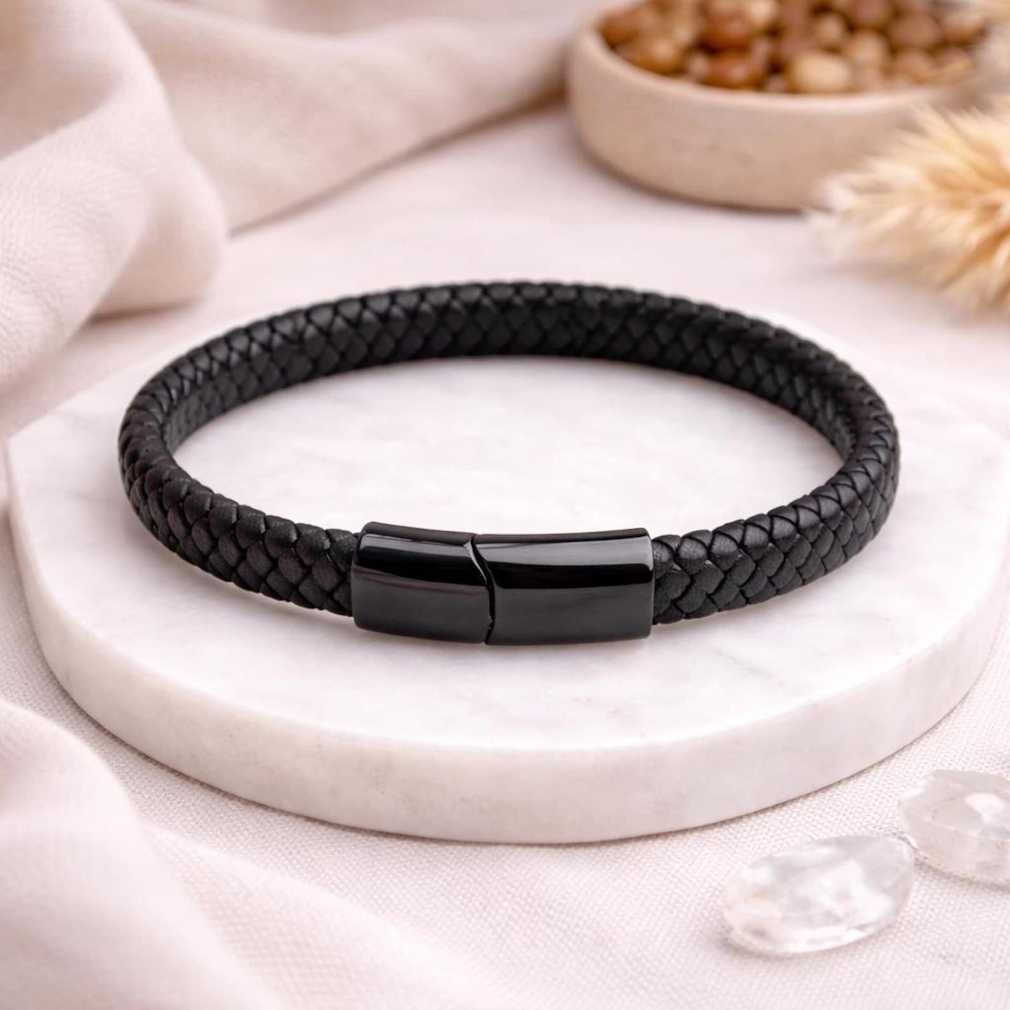 Men's Hidden Message Bracelet, Matte Black Leather bracelet for him