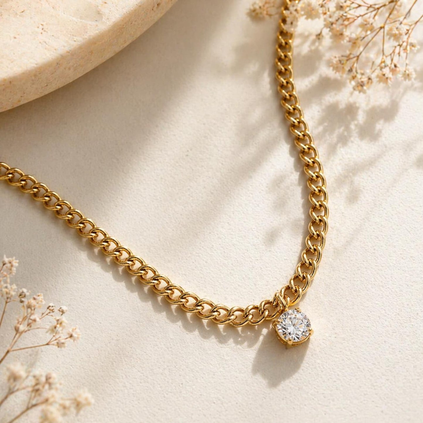 CZ Gold Necklace for Women, Cuban Link Chain Pendant, Minimalist Gold Necklace, Everyday Jewelry, Layering Necklace