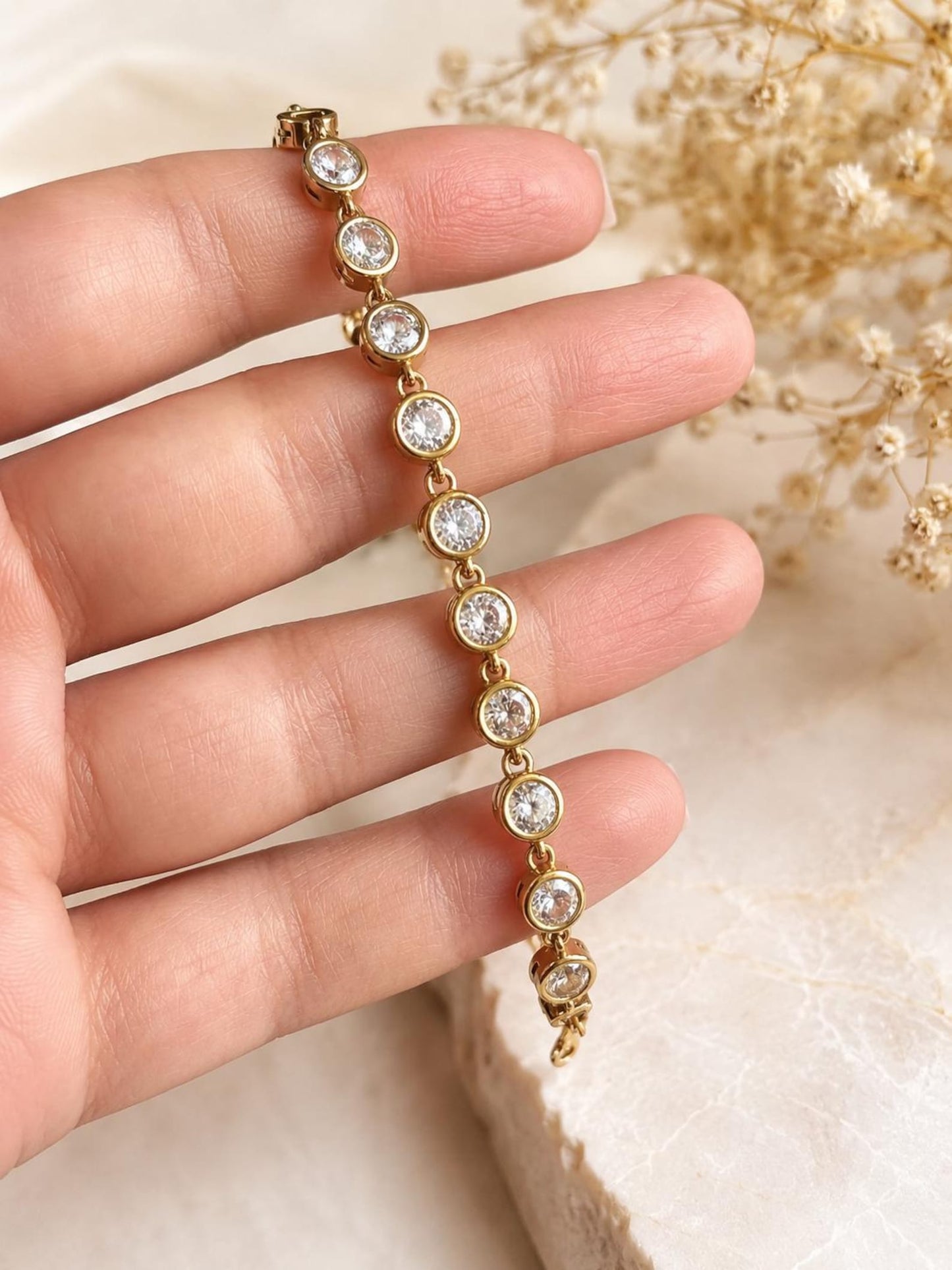 Waterproof 18K Gold Plated Bracelet, Tarnish Free Stainless Steel CZ Pendant Bracelet