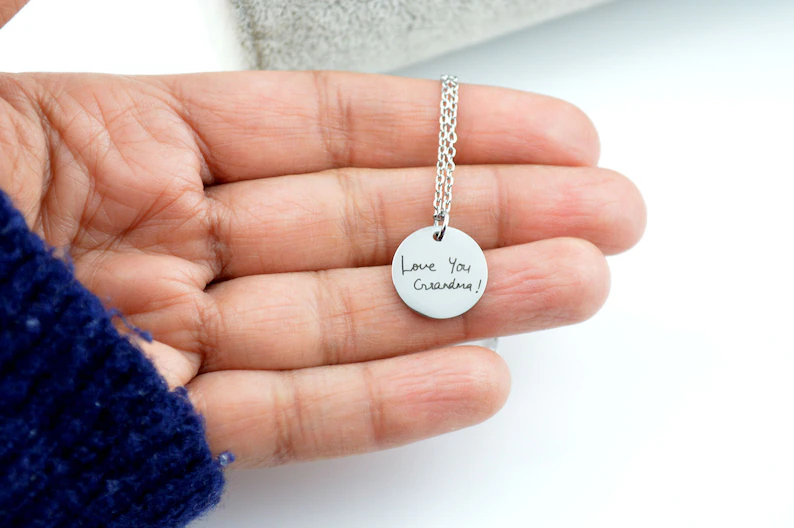 Actual Handwriting Disc Necklace, Personalized Signature Keepsake, Memorial meaningful gift, Birthday Day gifts for her, Engraved Necklace
