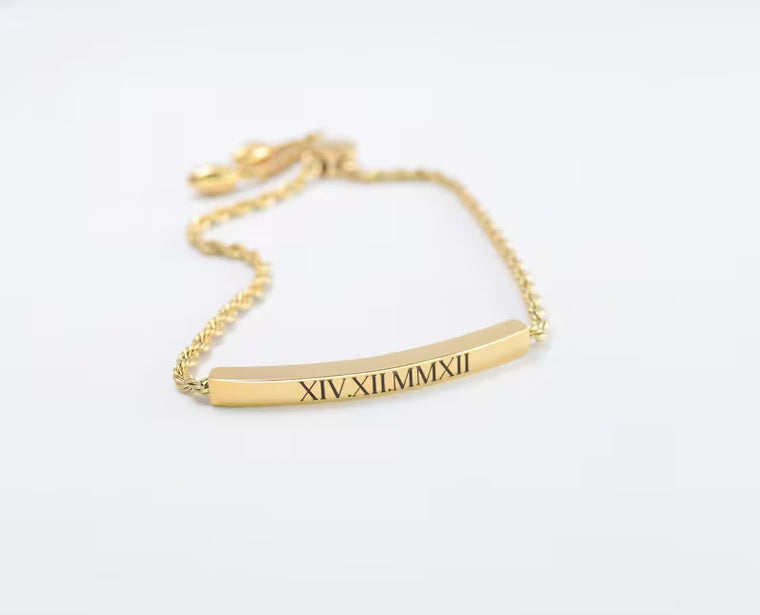 Roman Numeral bar bracelet, Name Bracelet, Engraved Jewelry, Personalized Gifts for Her, Gold Bracelet for women, Customized Bar Bracelet