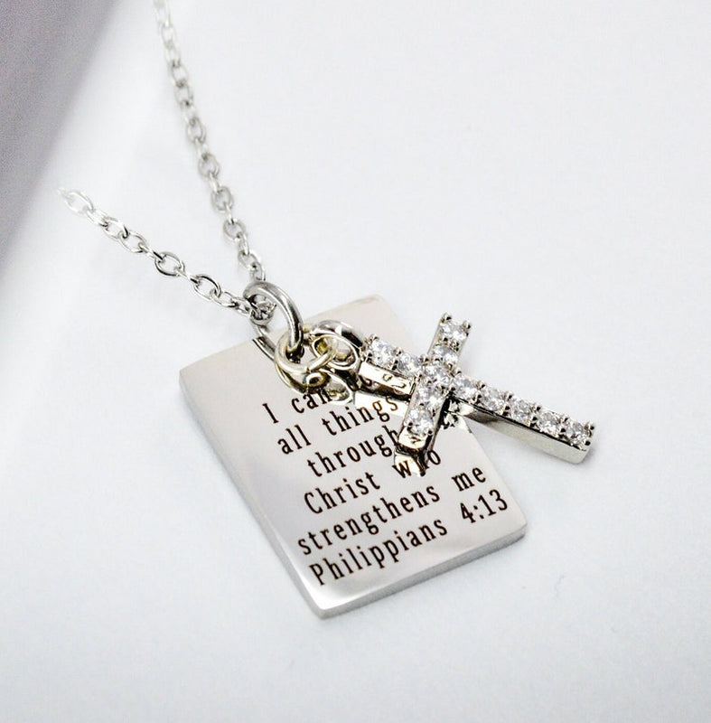 Personalized Silver Cross Charm Necklace, Bible Verse Necklace for Women, Religious Scripture Necklace, Gift for Her, Christian Jewelry