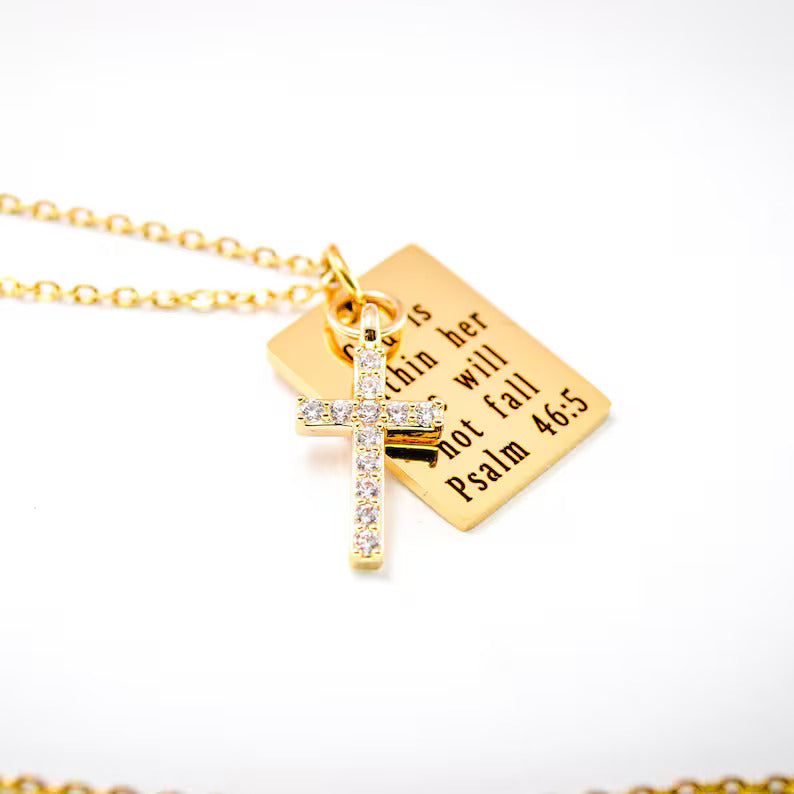 Personalized 14k Gold Cross Charm Necklace, Bible Verse Necklace for Women, Religious Scripture Necklace, Gift for Her, Christmas Gift