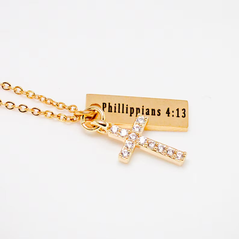 Personalized 14k Slim Pendant Cross Charm Necklace, Bible Verse Necklace for Women or Men, Religious Scripture Necklace, Gift for Her