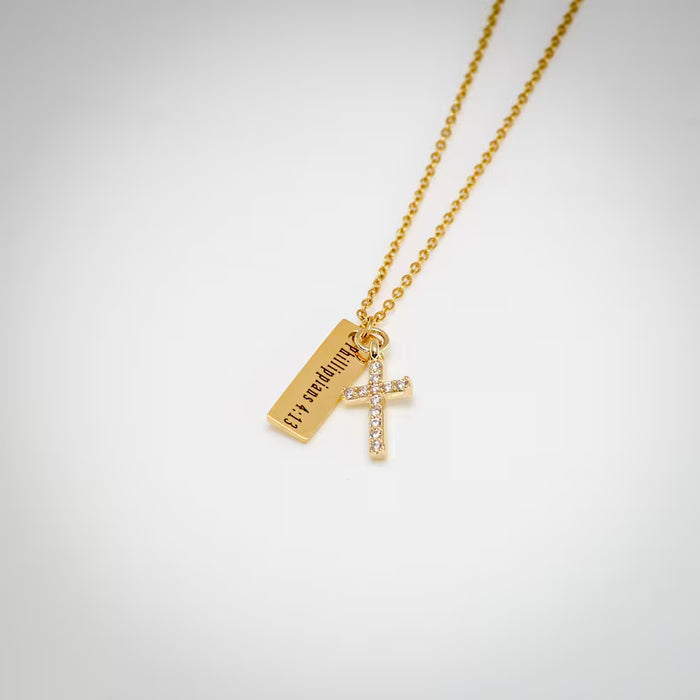 Personalized 14k Slim Pendant Cross Charm Necklace, Bible Verse Necklace for Women or Men, Religious Scripture Necklace, Gift for Her