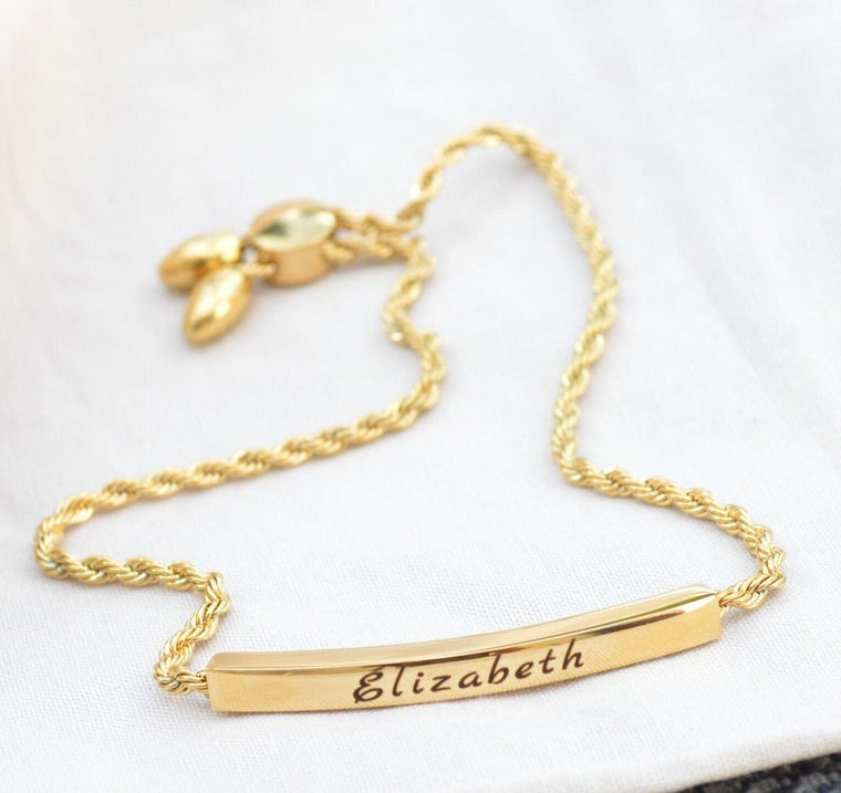 Nameplate Bracelet, Engraved Bar Bracelet Personalized, Slider Bracelet, Curved Double Sided Bar Bracelet Large, Birthday Gift for Her