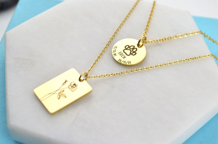 Dog Paw Necklace, Personalised Memorial Jewelry, Initial and Date Necklace, Stainless Steel,Gold Necklace, Dog Mom Necklace Pet Loss Jewelry