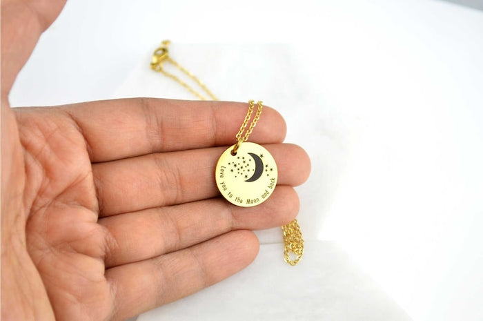 18K Gold Star Moon Necklace, WATERPROOF Stainless Steel, Love Gifts, Engraved Necklace, Celestial Necklace, Moon Jewelry, Stacking Necklace