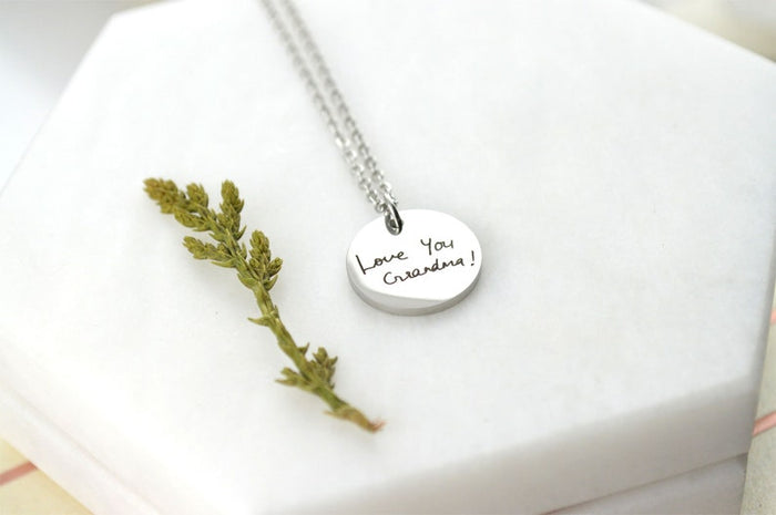 Actual Handwriting Disc Necklace, Personalized Signature Keepsake, Memorial meaningful gift, Valentines Day gifts for her, Engraved Disc