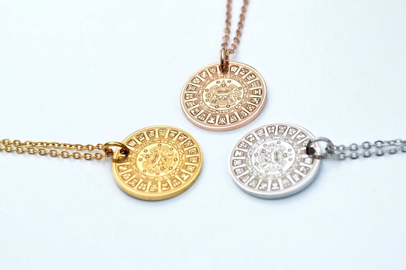 Aztec Mayan Calendar Necklace, Coin Necklace, Celestial Jewelry, Personalised Jewellery, Vintage Medallion Necklace, Mexican Calenda