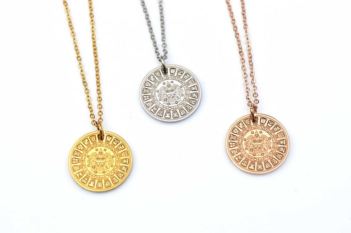 Aztec Mayan Calendar Necklace, Coin Necklace, Celestial Jewelry, Personalised Jewellery, Vintage Medallion Necklace, Mexican Calenda