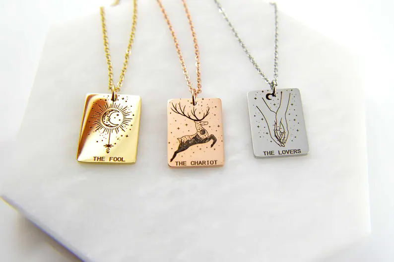Square Zodiac Sign Tarot Card Deck Necklace Jewelry Women Gift Personalized For Her Sun - Fortune- Star Stainless Waterproof NonTarnish (Rose Gold)