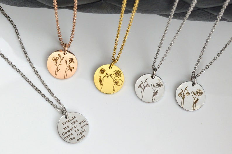Combined Birth Flower Necklace, Floral Necklace, Birth Month Necklace, Necklaces for Women, Birthday Gift, Engraved Necklace Christmas Gifts