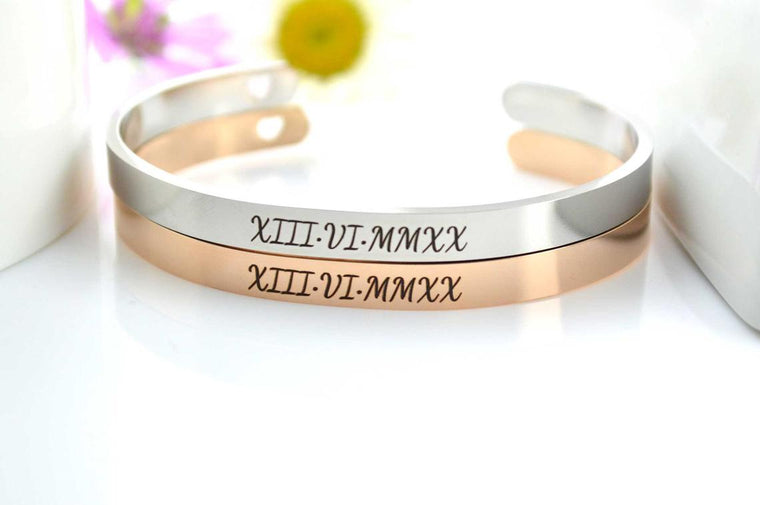 Wedding Gifts for Couple, Cuff Bracelets for Anniversary, Hypoallergenic Stainless Steel, Personalized Engagement Gifts, Roman Numeral Gifts