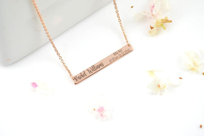 New Mom personalised name necklace, rose gold necklace, personalized jewelry for mothers, birthdate and weight necklaces for women