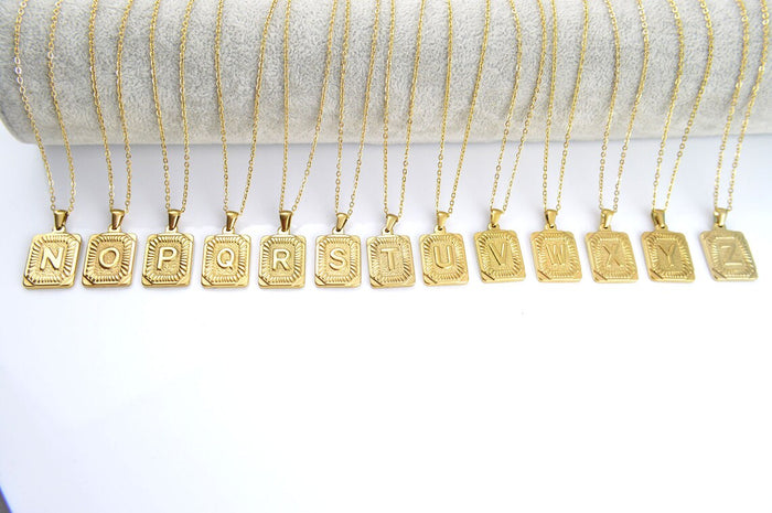 Stainless Steel Gold Name Initial Necklace, Letter Necklace, Rectangle No Tarnish Christmas Gifts, Birthday Gifts for Her, Gold Plated