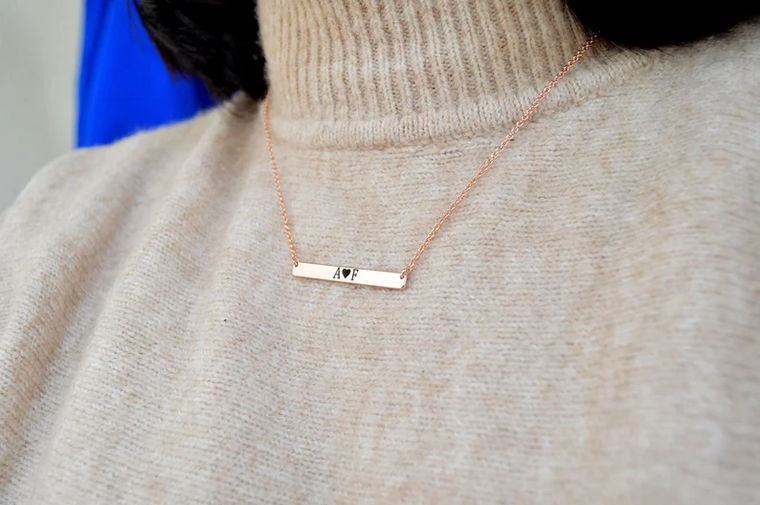 Name Initials Bar Necklace, Personalized Jewelry, Rose Gold Jewelry, Name Necklace, Engraved Necklace, Christmas Gift, Birthday Gift for her