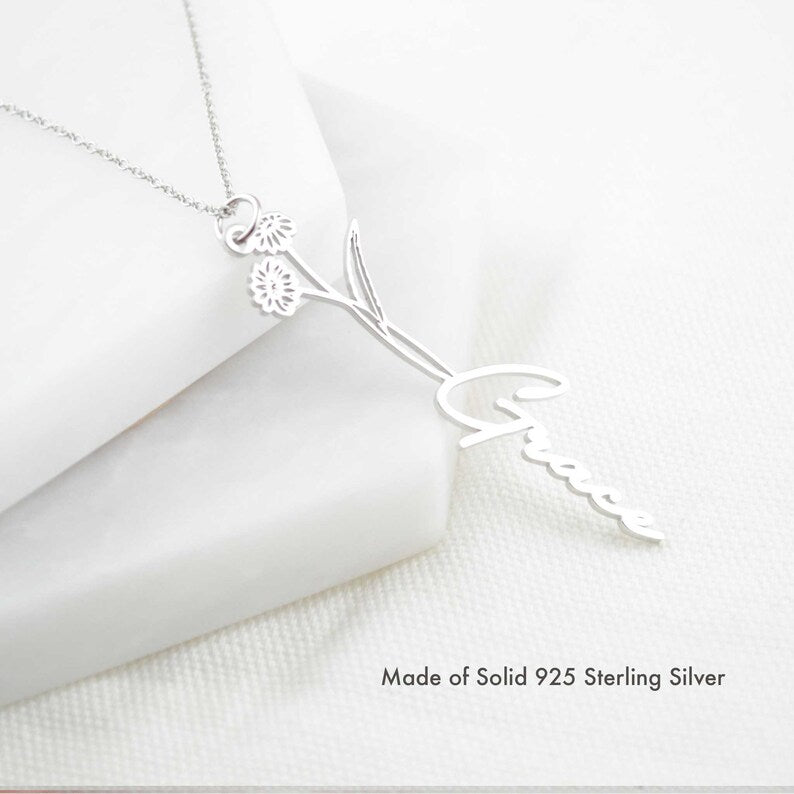 Solid Sterling Silver Birth Flower Name Necklace