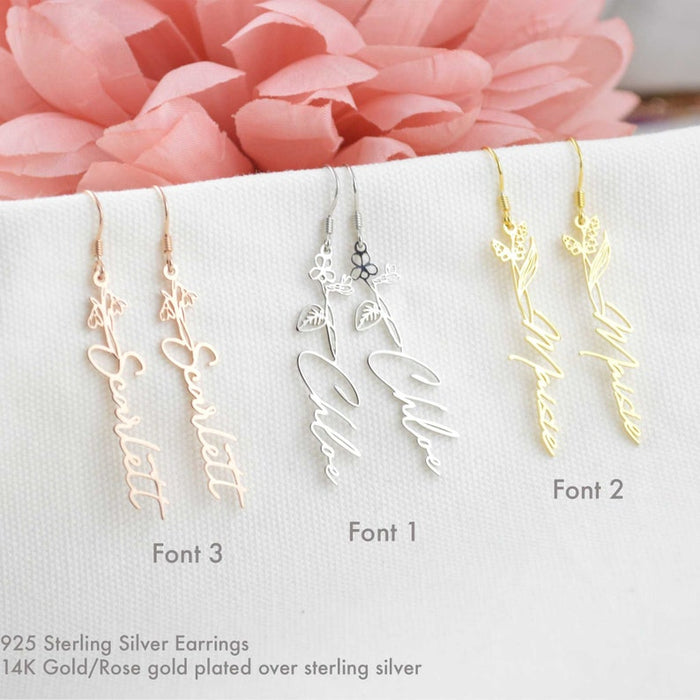 Sterling Silver Name Earrings, Birth Flower Jewelry, Birth Month Floral Necklace, Personalized Name Jewellery, Custom Bridesmaid Gifts