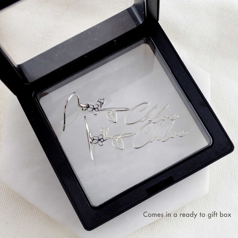 Sterling Silver Name Earrings, Birth Flower Jewelry, Birth Month Floral Necklace, Personalized Name Jewellery, Custom Bridesmaid Gifts