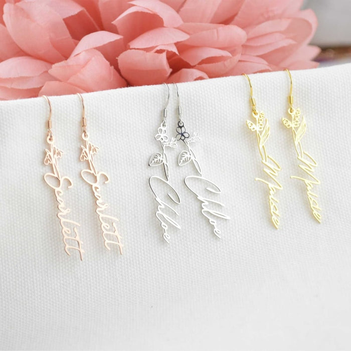 Sterling Silver Name Earrings, Birth Flower Jewelry, Birth Month Floral Necklace, Personalized Name Jewellery, Custom Bridesmaid Gifts