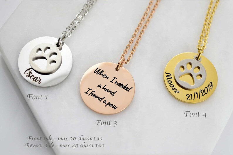 Paw print Necklace, Personalised dog necklace, Pet Necklace, Cat Necklace, Disc Necklace, Memorial Jewelry, Dog Mum Necklace, Personalized