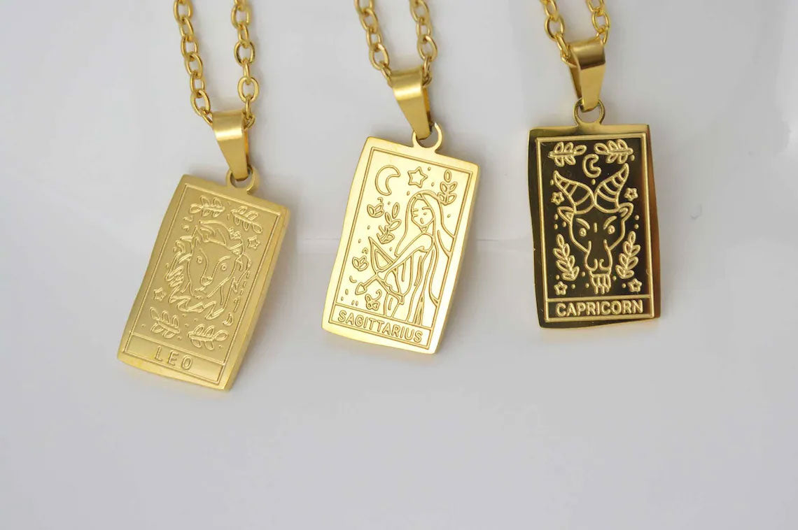 GOLD Square Zodiac Sign Tarot Card Deck Necklace