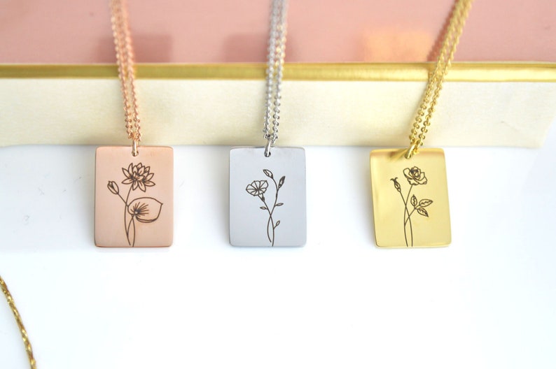Square Birth Flower Necklace, Waterproof Gift, Floral Necklace, Birth Month , Engraved Necklace, Necklaces for Women, Birthday Gifts for Her