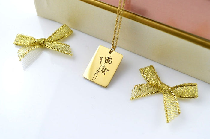 Square Birth Flower Necklace, Waterproof Gift, Floral Necklace, Birth Month , Engraved Necklace, Necklaces for Women, Birthday Gifts for Her